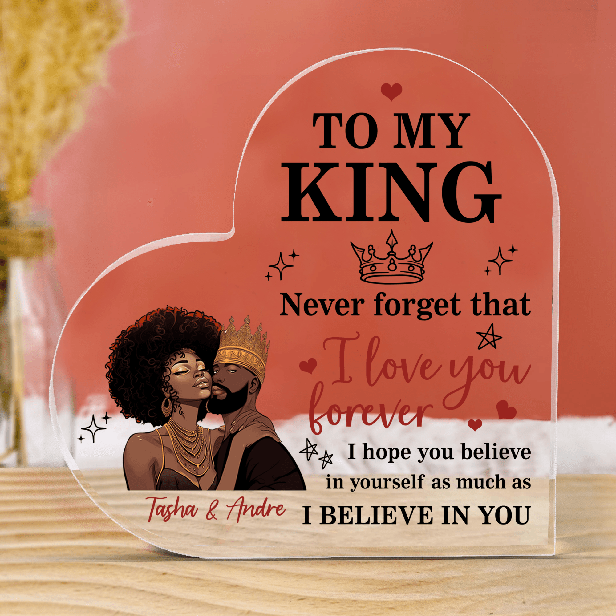 Custom Photo To My King, To My Queen Never Forget That - Personalized Custom Heart-shaped Acrylic Plaque - Valentine's Day, Anniversary Gift for Melanin, Afro, Black African American Couple, Husband, Wife, Girlfriend, Boyfriend, Her/Him, Family - Suzitee Store