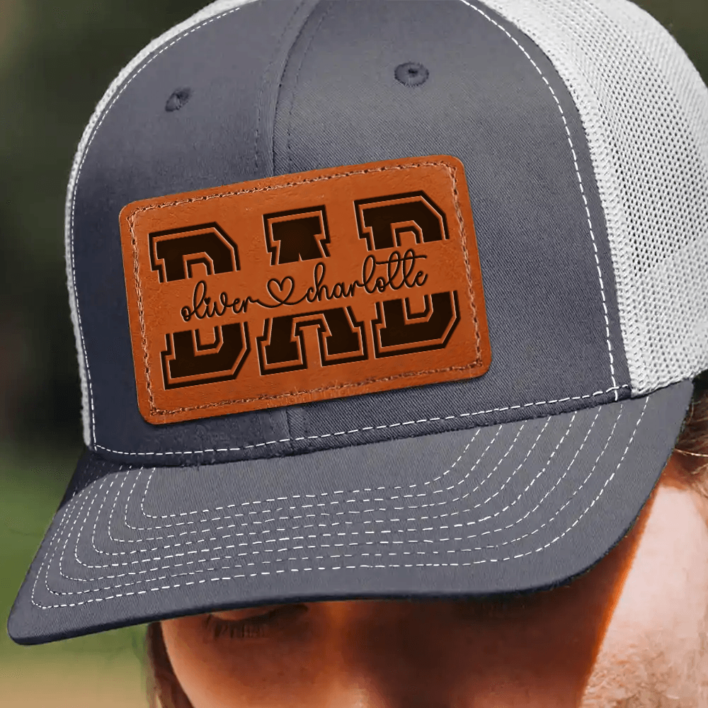 Custom Kids' Names Dad Papa Grandpa Trucker Hat leather patch hat, alternate view 4