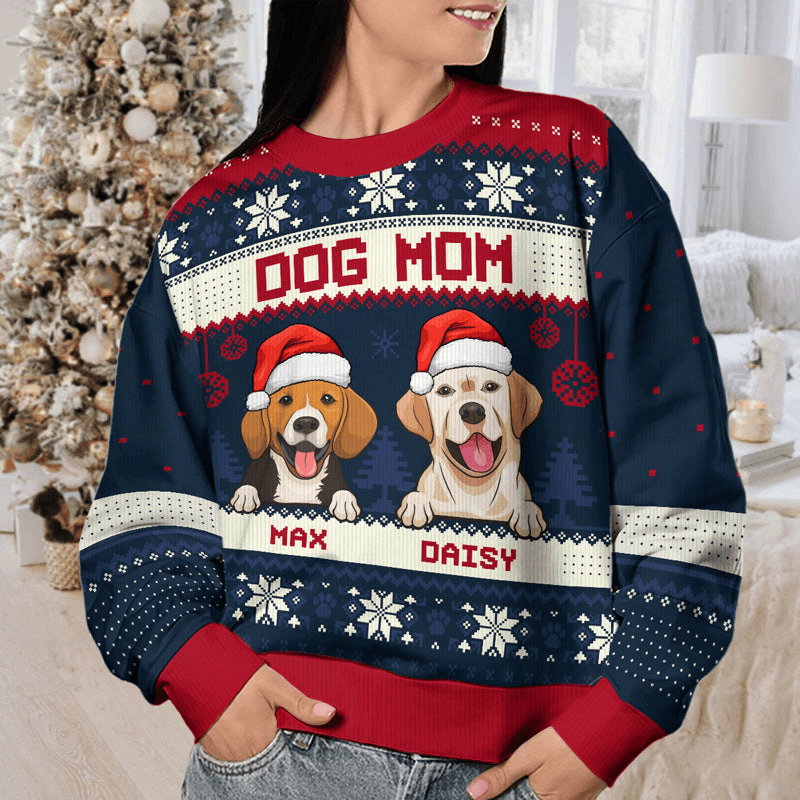 Dog Mom Dog Dad - Personalized Custom Ugly Sweatshirt Unisex Jumper - Funny Christmas Ugly Sweater Gifts For Dog Owners, Dog Lovers, Dog Mum, Dog Brother, Dog Sister - Suzitee Store