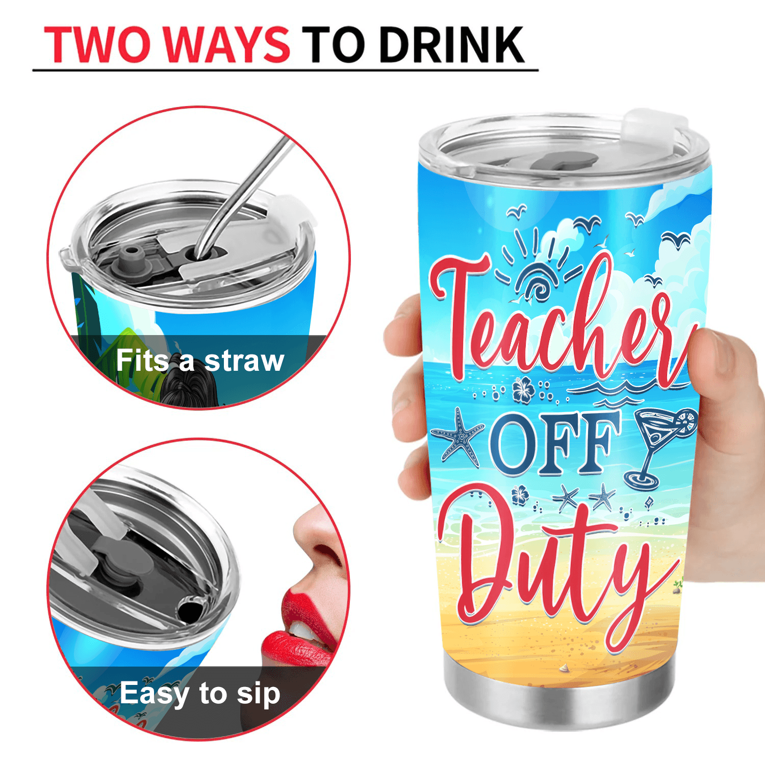 Beaching Not Teaching, Teacher Off Duty - Personalized Custom 20oz Fat Tumbler Cup - Summer Break, Last Day Of School, Birthday, Loving, Funny Gift for Teacher, Kindergarten, Preschool, Pre K, Paraprofessional - Suzitee Store