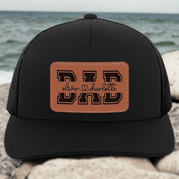 Custom Kids' Names Dad Papa Grandpa Trucker Hat  - Personalized Engraved Leather Patch Hat/Cap - Father's Day Gift for Him, Husband, Daddy, Dada
