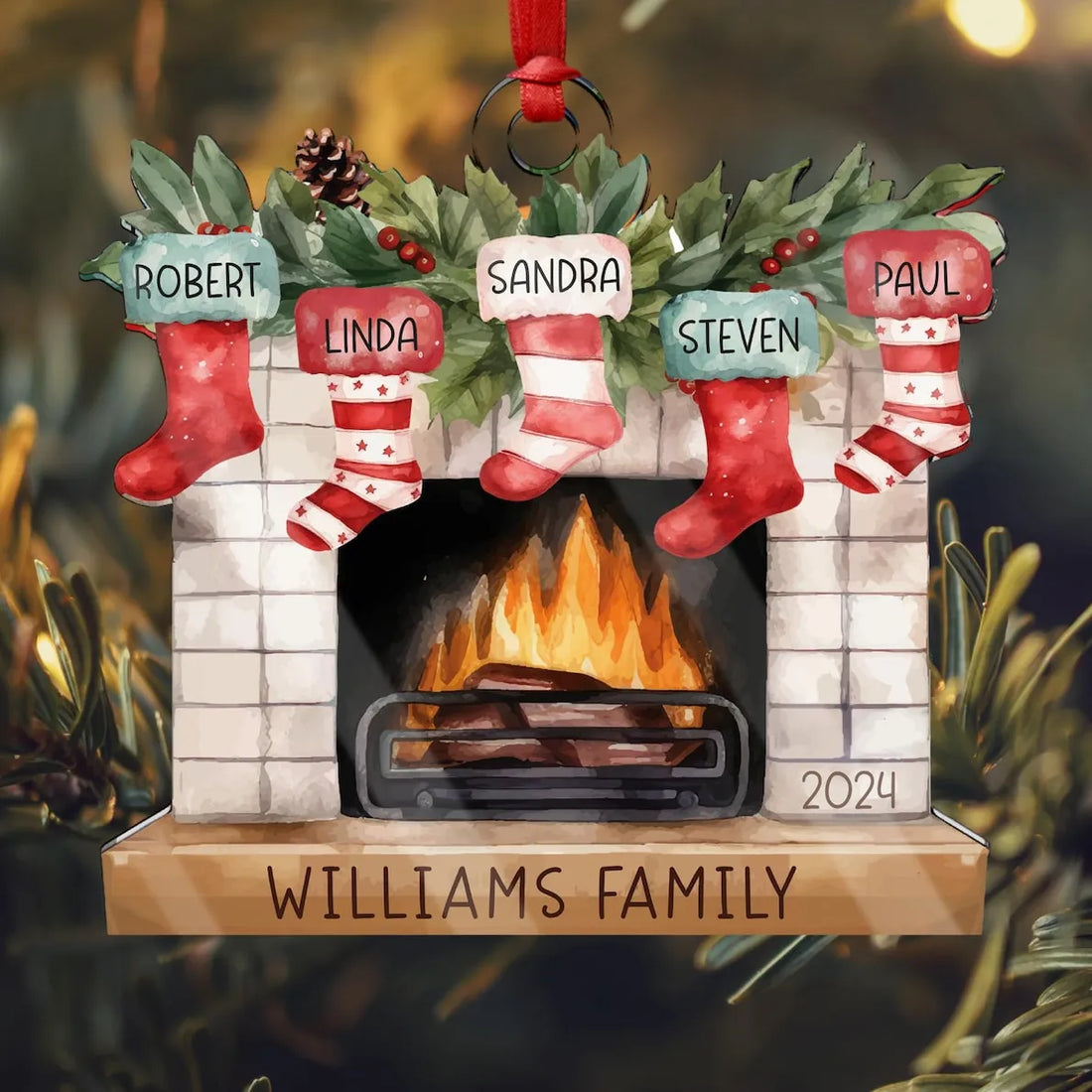 Personalized Christmas Stockings On Fireplace Custom Name Or personalized custom shaped acrylic ornament, alternate view 3