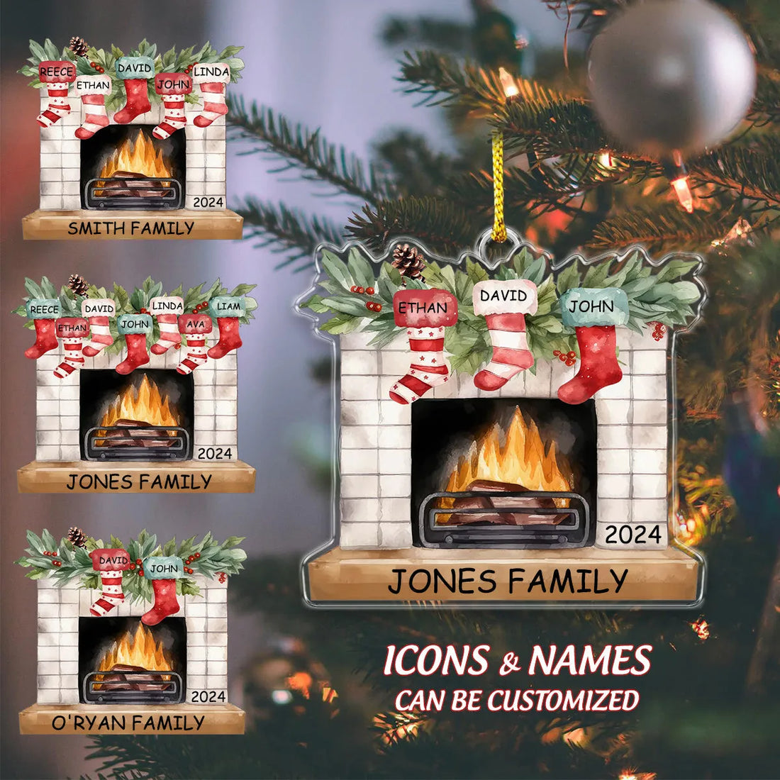 Personalized Christmas Stockings On Fireplace Custom Name Or personalized custom shaped acrylic ornament, alternate view 6