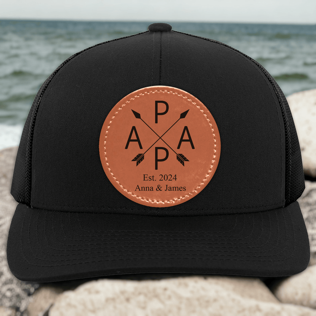 Custom Papa Trucker Hat with Kids' Names leather patch hat, alternate view 2