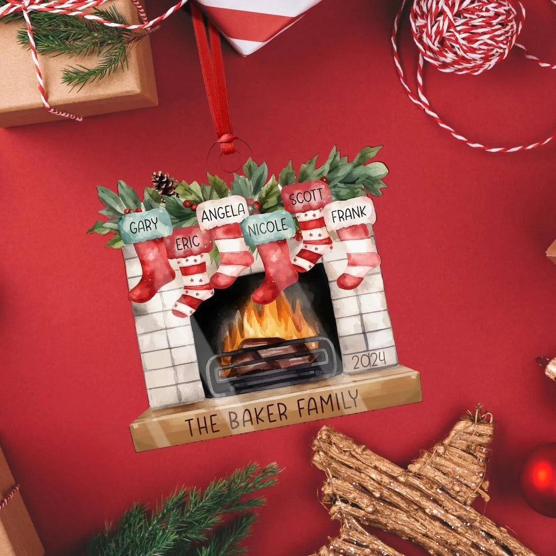 Personalized Christmas Stockings On Fireplace Custom Name Or personalized custom shaped acrylic ornament, alternate view 8