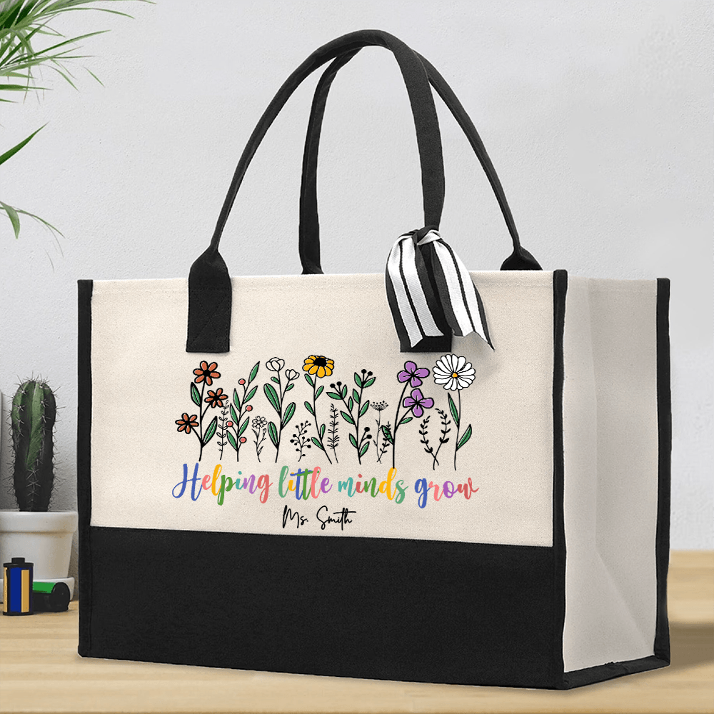 Helping Little Minds Grow - Personalized Canvas Tote Bag - Back To School Gift For Teacher, Educator