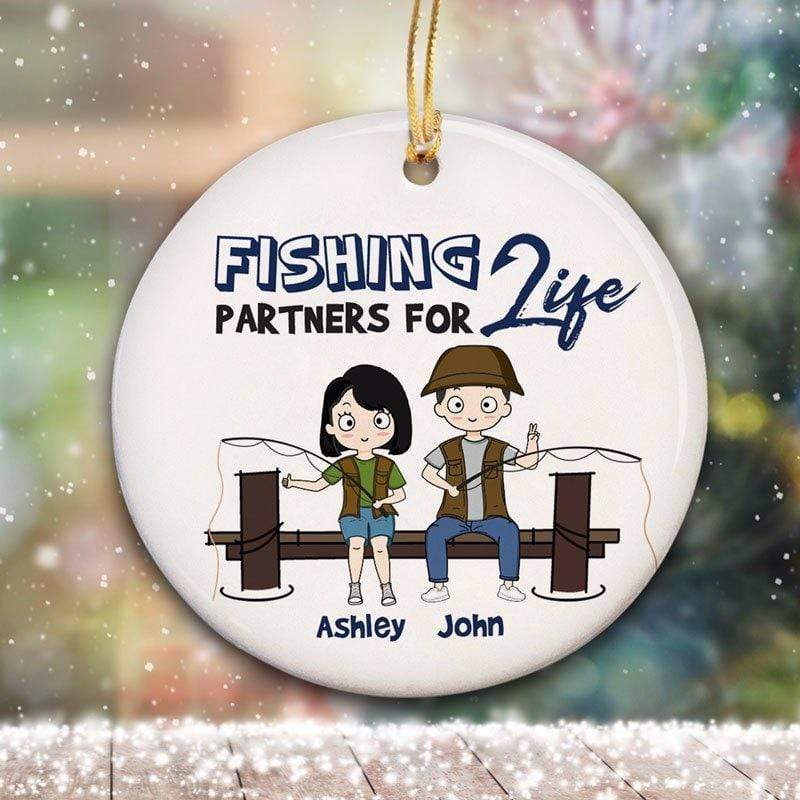 Fishing Partner For Life Chibi Couple - Personalized Circle Ceramic Ornament - Christmas Gift For Couple, Husband, Wife, Fishing Lover