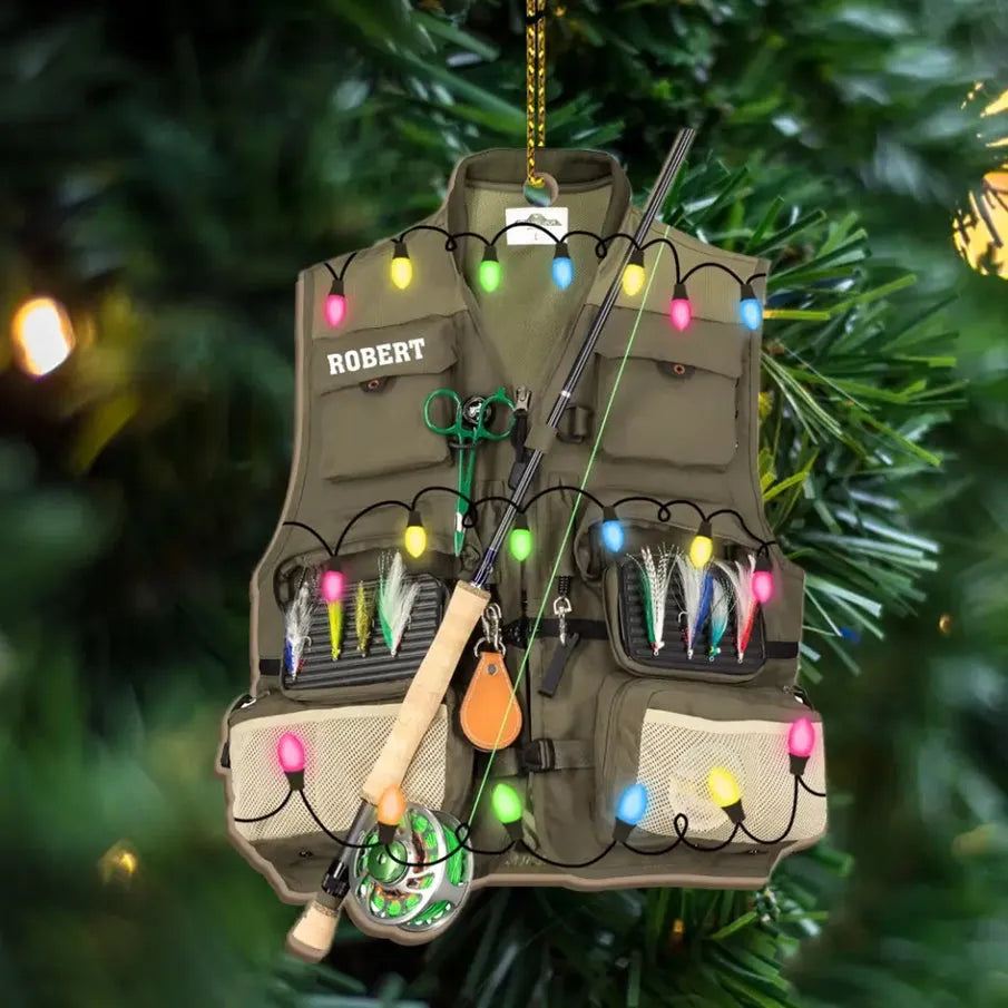 Fishing Vest personalized custom shaped acrylic ornament, alternate view 2
