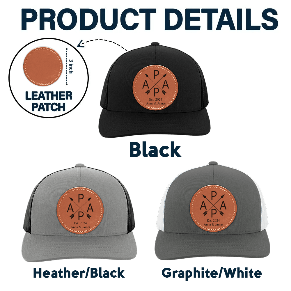 Custom Papa Trucker Hat with Kids' Names - Personalized Leather Patch Hat/Cap - Father's Day Gift for Him, Husband, Daddy, Grandpa, Dad