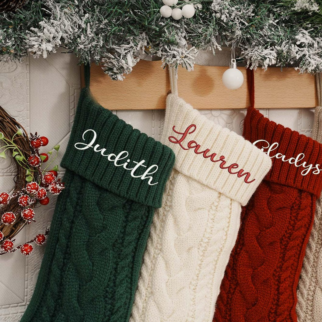 Embroidered cable-knit Christmas stockings with names, alternate view 7