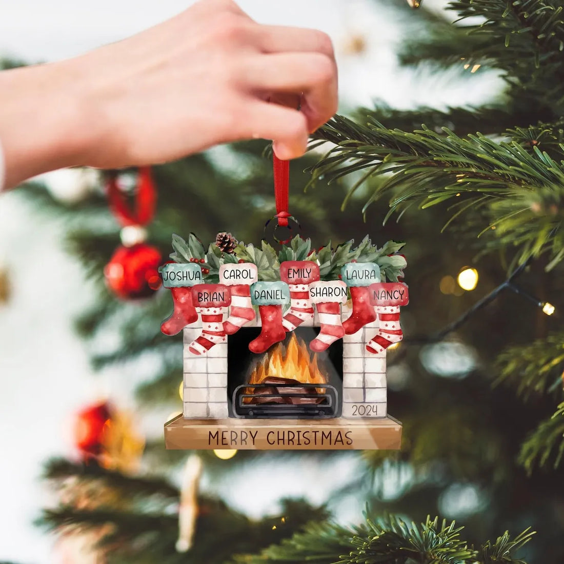 Personalized Christmas Stockings On Fireplace Custom Name Or personalized custom shaped acrylic ornament, alternate view 2