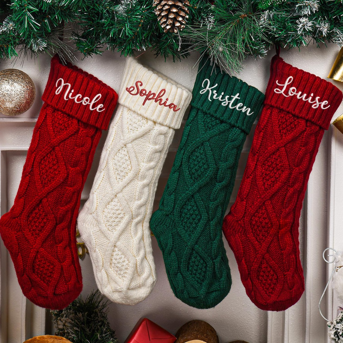 Embroidered cable-knit Christmas stockings with names, alternate view 2