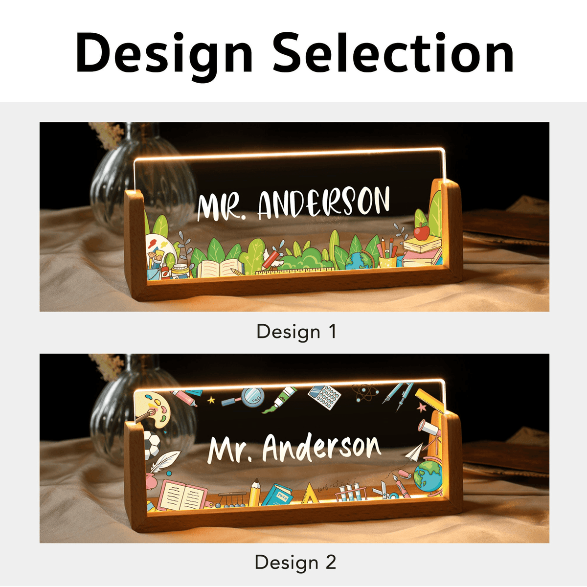 Name Desk Plate For Teacher - Personalized Acrylic Led Light With Wooden Base - Custom Gift For Teachers & Educators