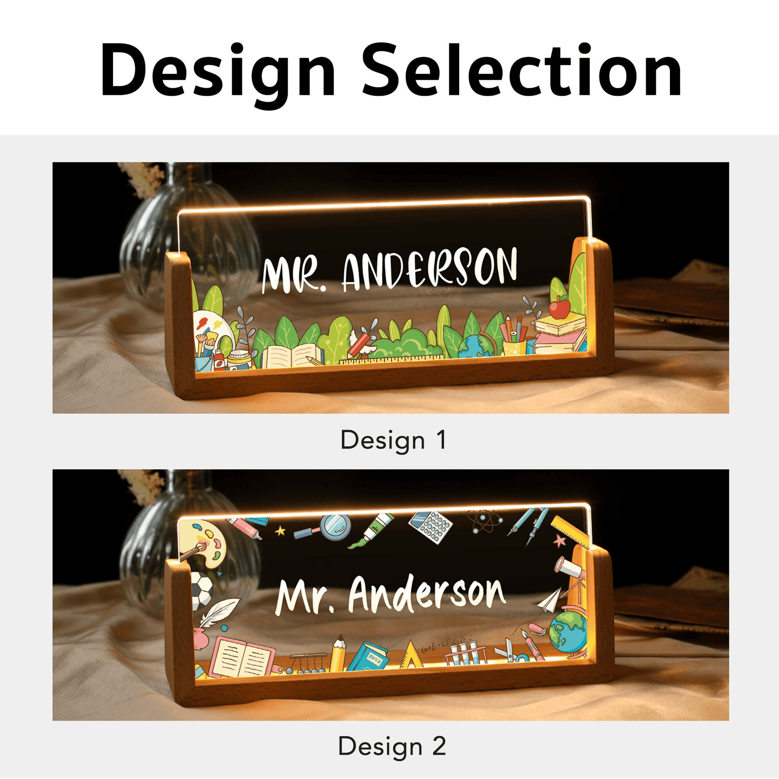 Name Desk Plate For Teacher - Personalized Acrylic Led Light With Wooden Base - Custom Gift For Teachers & Educators