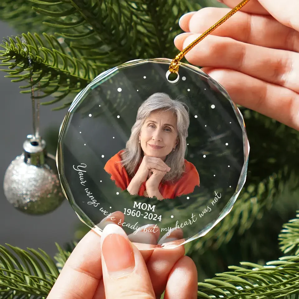 Custom Photo Memorial Your Wings Were Ready - Personalized Christmas Circle Glass Ornament - Memorial Sympathy Gifts For Loss Of Mom, Dad