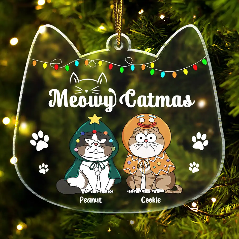 Meowy Catmas Funny Cartoon Cats - Personalized Custom Shaped Acrylic Ornament - Christmas Gift For Cat Lovers, Cat Mom, Cat Dad