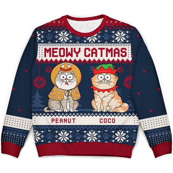 Meowy Catmas Funny Cartoon Cats - Personalized Custom Ugly Sweater - Christmas Gift For Cat Lovers, Cat Moms, Cat Dads