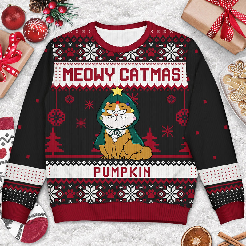 Personalized Meowy Catmas Funny Cartoon Cats ugly Christmas sweater, alternate view 2
