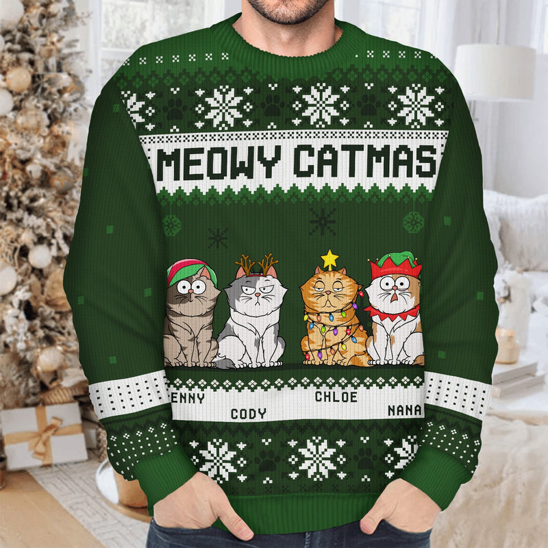 Personalized Meowy Catmas Funny Cartoon Cats ugly Christmas sweater, alternate view 3