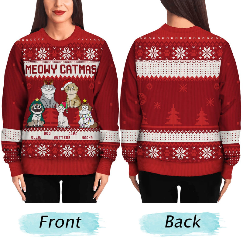 Personalized Meowy Catmas Funny Cartoon Cats ugly Christmas sweater, alternate view 4
