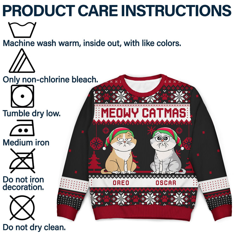 Meowy Catmas Funny Cartoon Cats - Personalized Custom Ugly Sweater - Christmas Gift For Cat Lovers, Cat Moms, Cat Dads