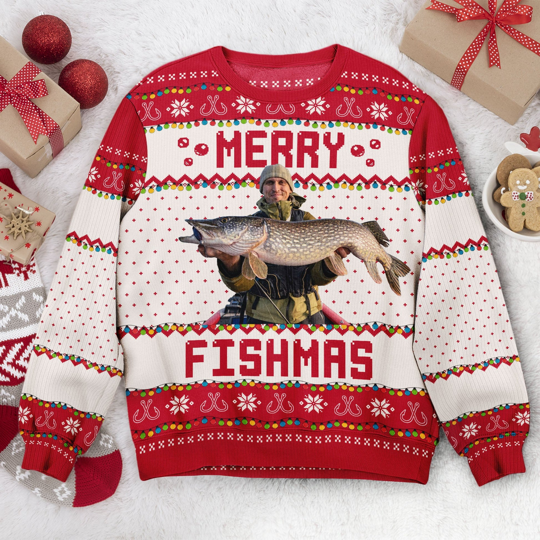 Custom Photo Merry Fishmas Gift For Fishing Lovers personalized ugly sweater, alternate view 3