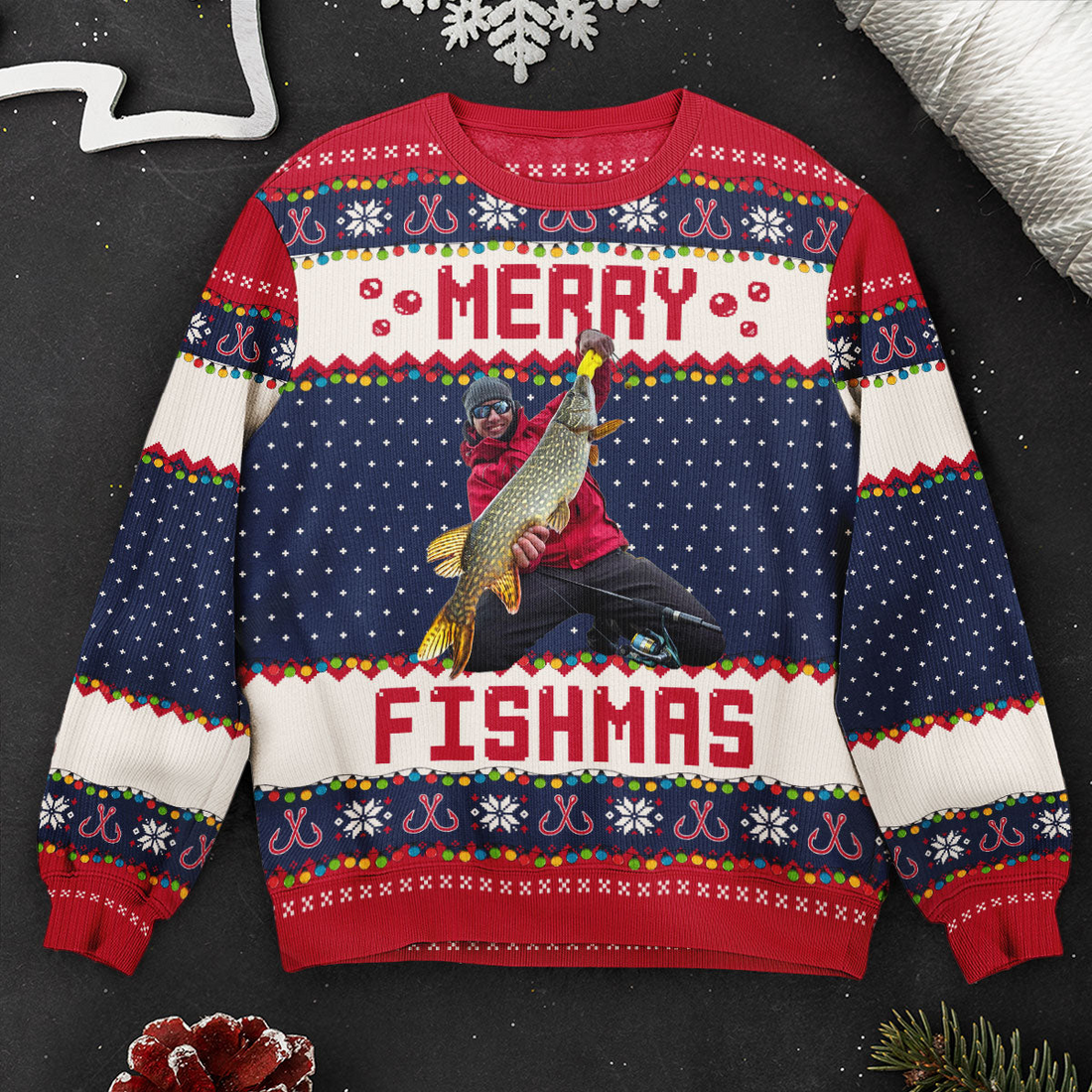 Custom Photo Merry Fishmas Gift For Fishing Lovers personalized ugly sweater, alternate view 4