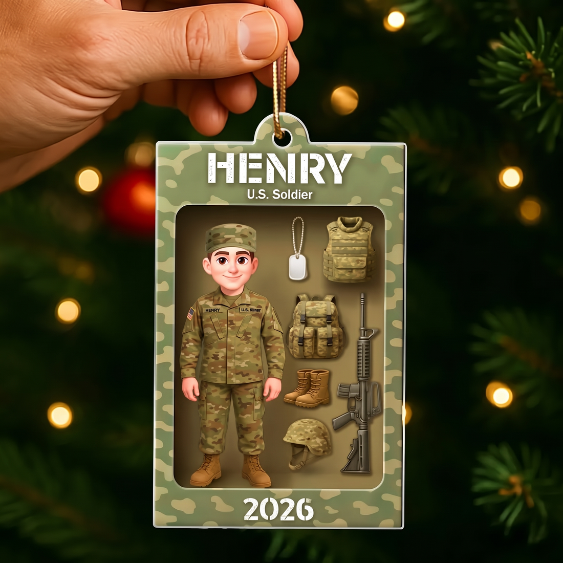 Camouflage soldier action-figure acrylic ornament with custom name, alternate view 2