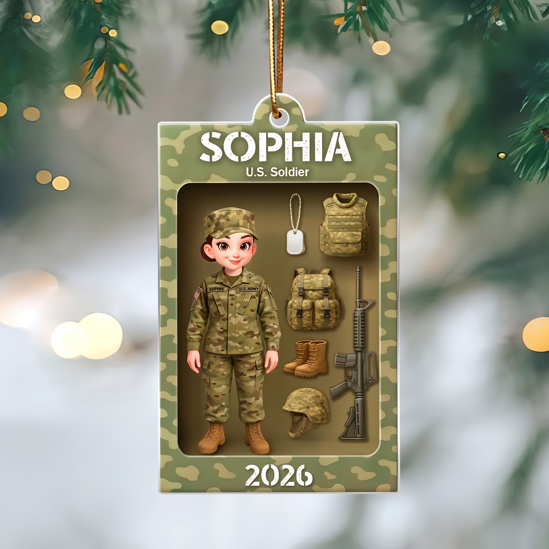 Camouflage soldier action-figure acrylic ornament with custom name, alternate view 3