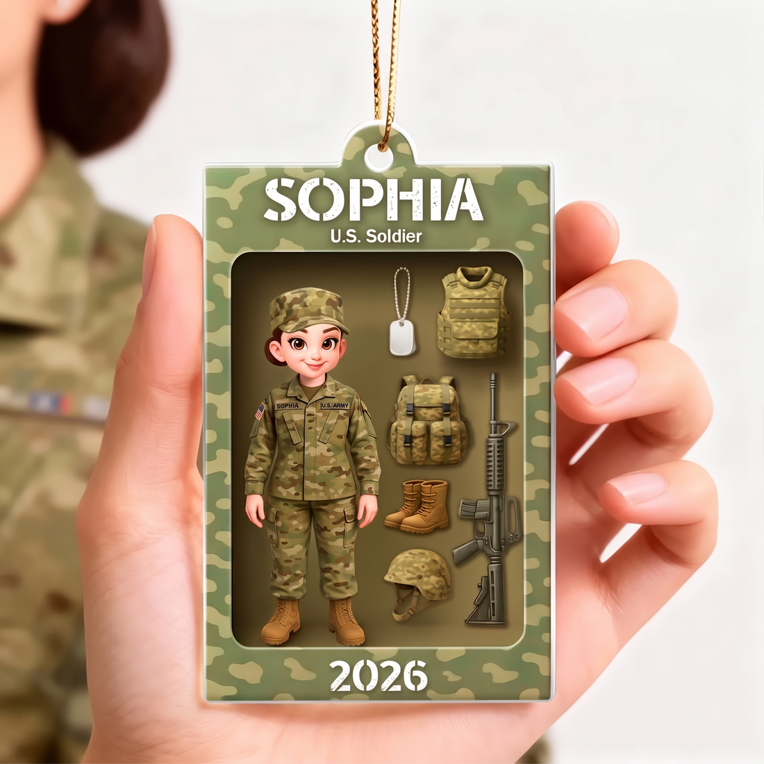Camouflage soldier action-figure acrylic ornament with custom name, alternate view 5