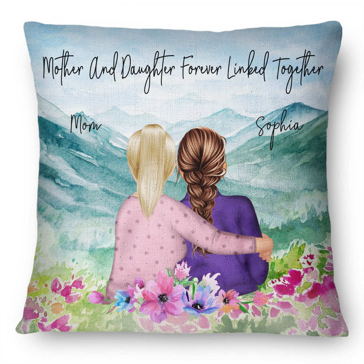 Mother &amp; Daughter Forever Linked Together Watercolor Style - Personalized Custom Pillow - Gift For Mom, Daughter &amp; Grandma