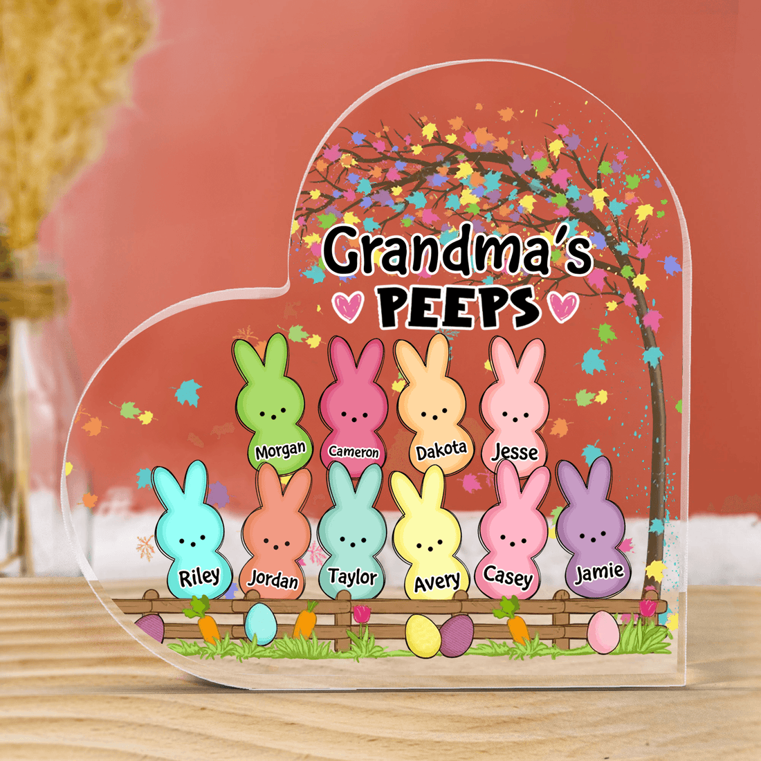 Grandma's Bunnies Easter Eggs - Custom Heart-shaped Acrylic Plaque - Personalized Keepsakes, Easter Day Gift for Family Members, Grandma, Grandpa, Mom, Dad, Grandmother, Grandfather, Aunt, Auntie, Uncle - Suzitee Store