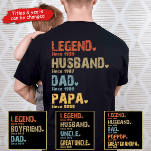 Legend, Husband, Dad, Grandpa: The Journey of a Lifetime - Personalized Custom Year Back Printed T Shirt - Father's Day, Birthday Gift for Dad, Grandpa, Husband, Daddy, Dada, Papa, Dad Jokes - Suzitee Store