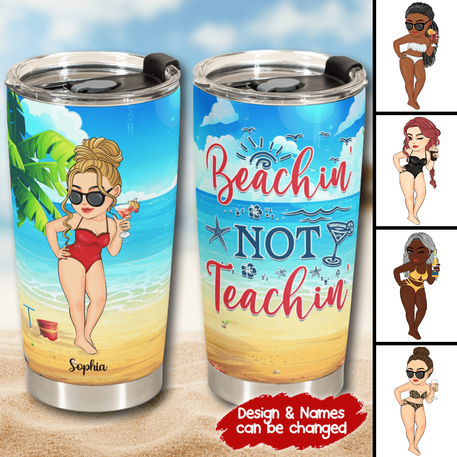 Beaching Not Teaching, Teacher Off Duty - Personalized Custom 20oz Fat Tumbler Cup - Summer Break, Last Day Of School, Birthday, Loving, Funny Gift for Teacher, Kindergarten, Preschool, Pre K, Paraprofessional - Suzitee Store