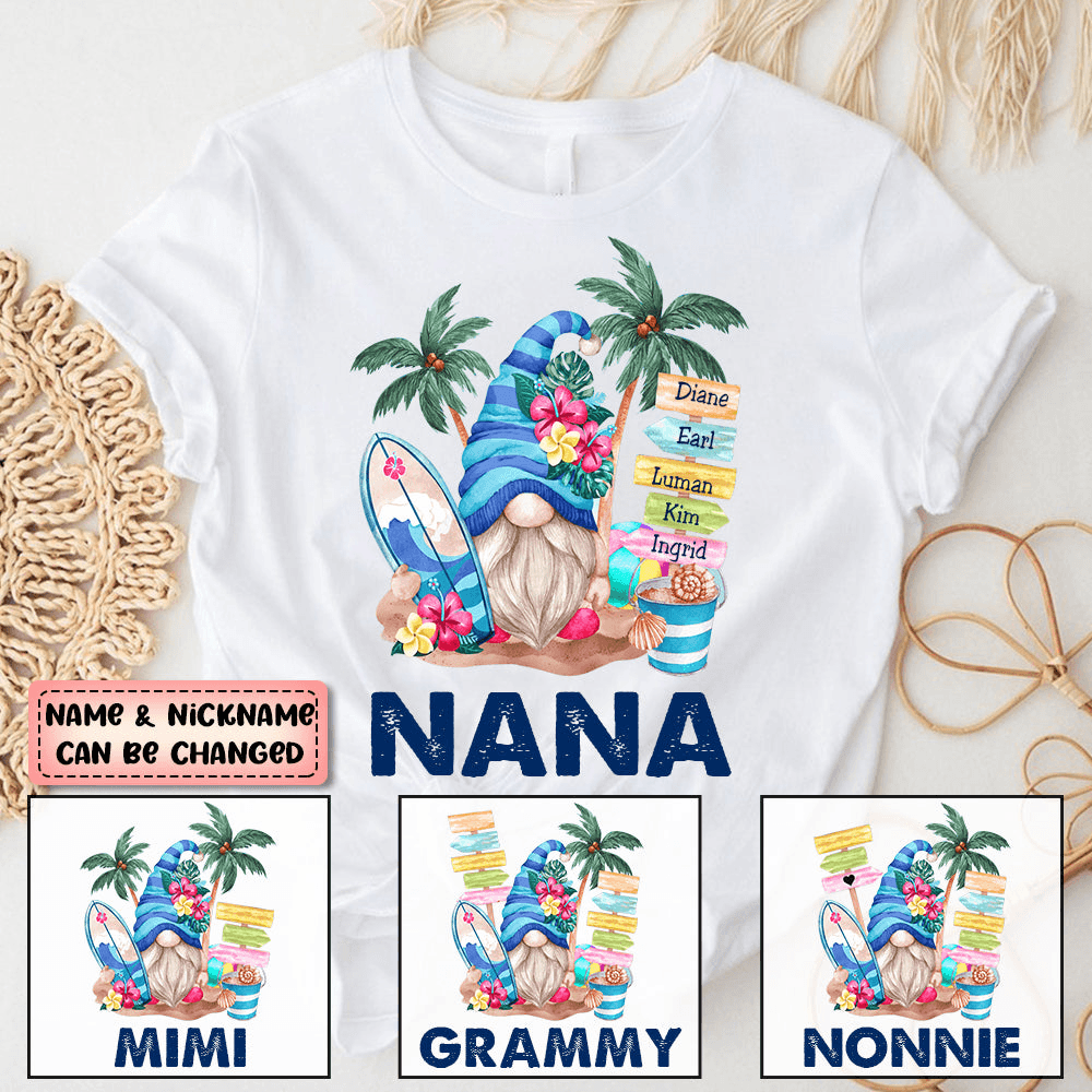 Grandma Gnome Surfboards Summer Vacation - Personalized Custom T Shirt - Summer Gift for Grandma/Nana/Mimi, Mom, Wife, Grandparent - Suzitee Store