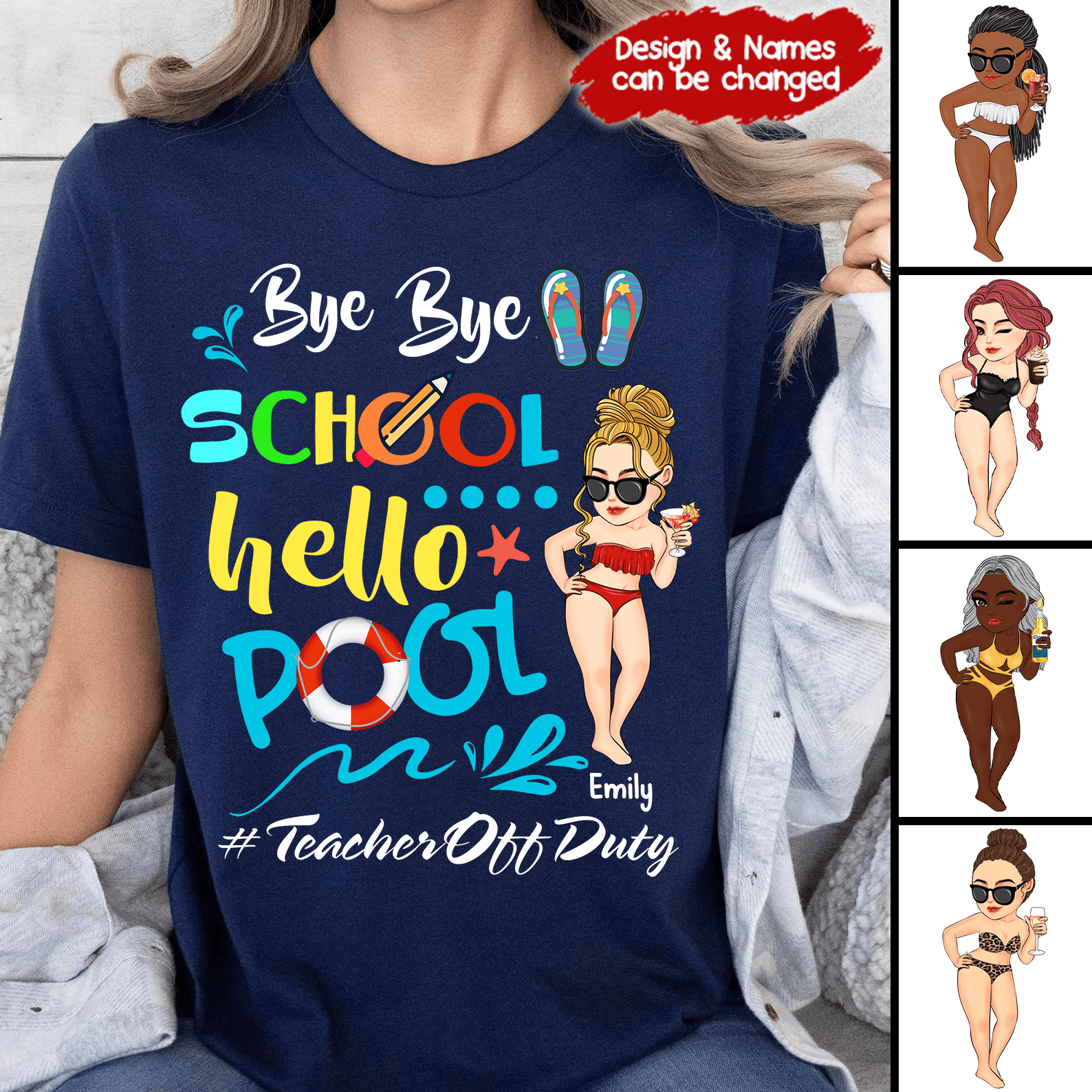 Bye Bye School Hello Pool - Personalized Custom T Shirt - Summer Break, Last Day Of School, Birthday, Loving, Funny Gift for Teacher, Kindergarten, Preschool, Pre K, Paraprofessional - Suzitee Store