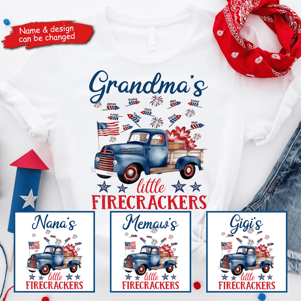 Grandma's Little Firecrackers - Personalized Custom Kid Names T Shirt - Patriotic, Fourth 4th Of July, Independence Day, Birthday, Loving, Funny Gift for Grandma/Nana/Mimi, Mom, Wife, Grandparent