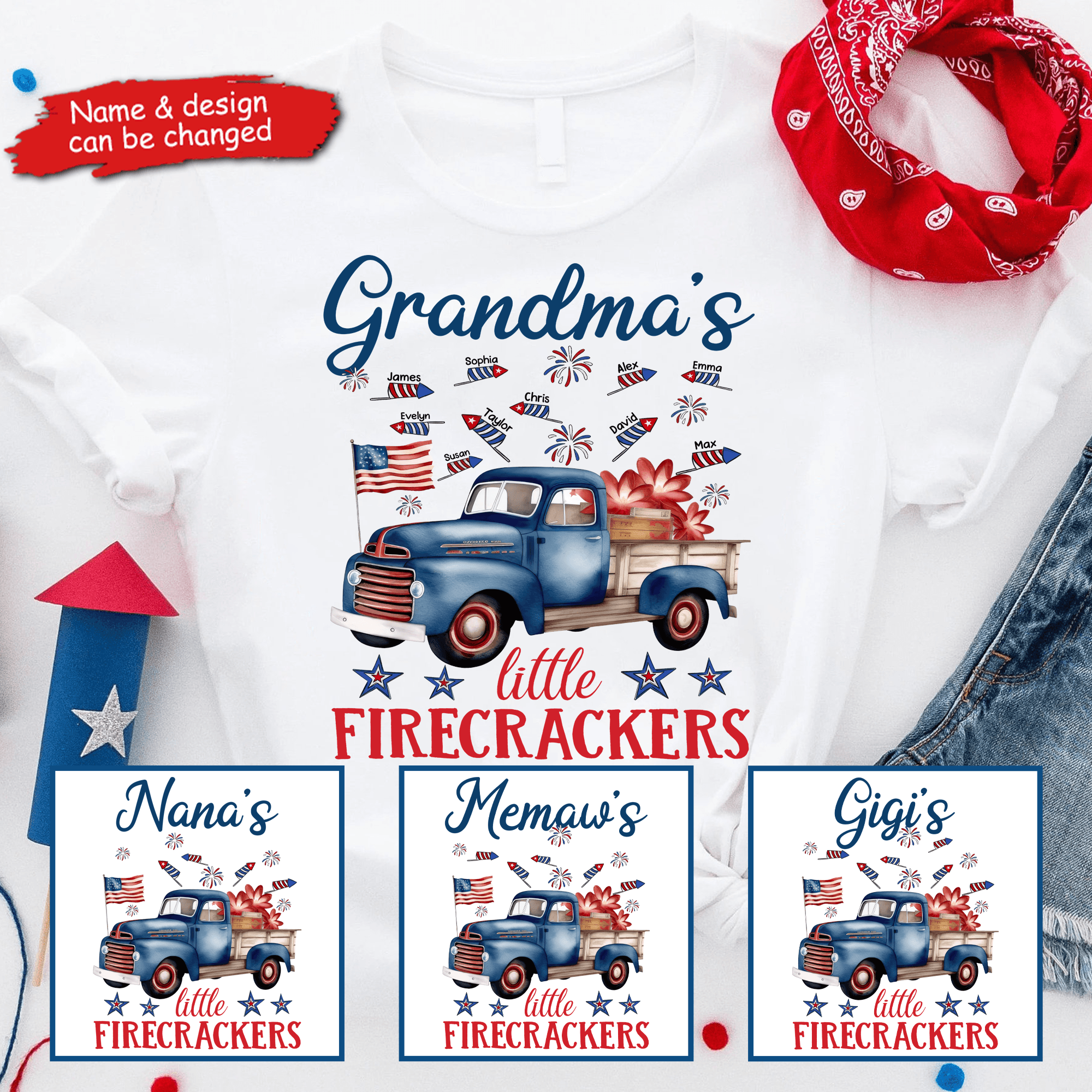 Grandma's Little Firecrackers - Personalized Custom Kid Names T Shirt - Patriotic, Fourth 4th Of July, Independence Day, Birthday, Loving, Funny Gift for Grandma/Nana/Mimi, Mom, Wife, Grandparent - Suzitee Store