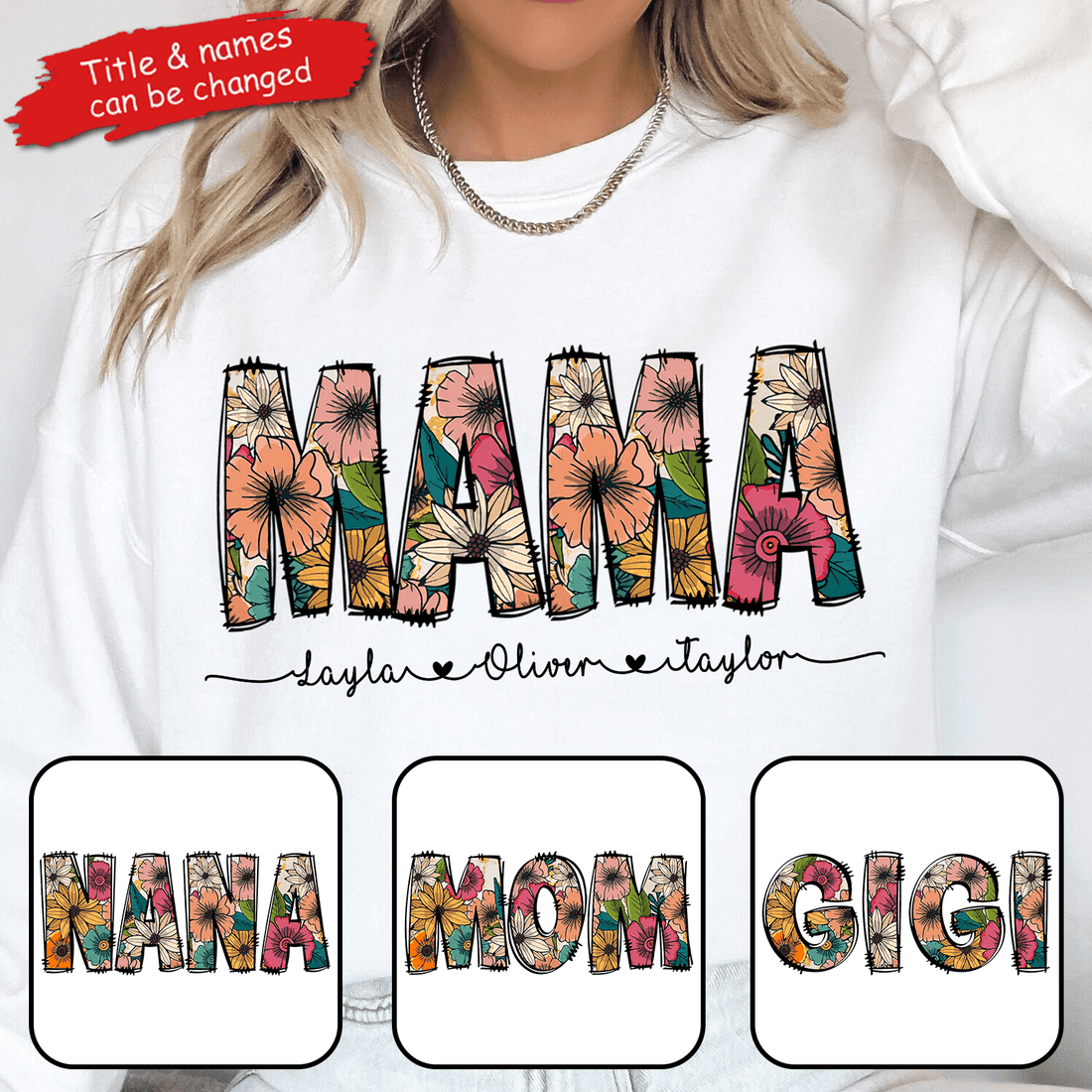 Floral Mama Custom Kid's Names with Sweet Hearts t-shirt, alternate view 2