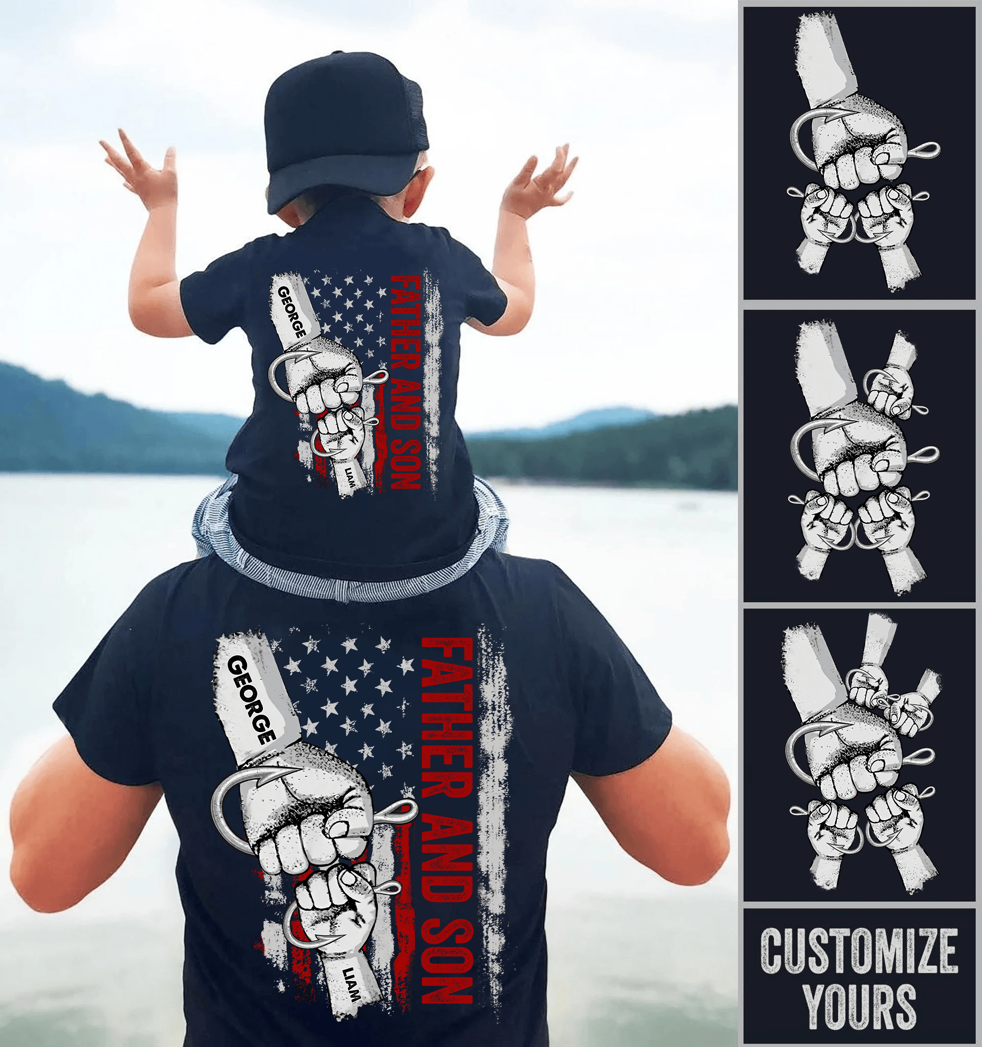 We Hooked The Best Dad Raised Fist Bump - Personalized Custom Back Printed Fishing T Shirt - Father's Day Funny Gift for Dad, Grandpa, Daddy, Dada, Husband, Dad Jokes, Reel Cool Dad
