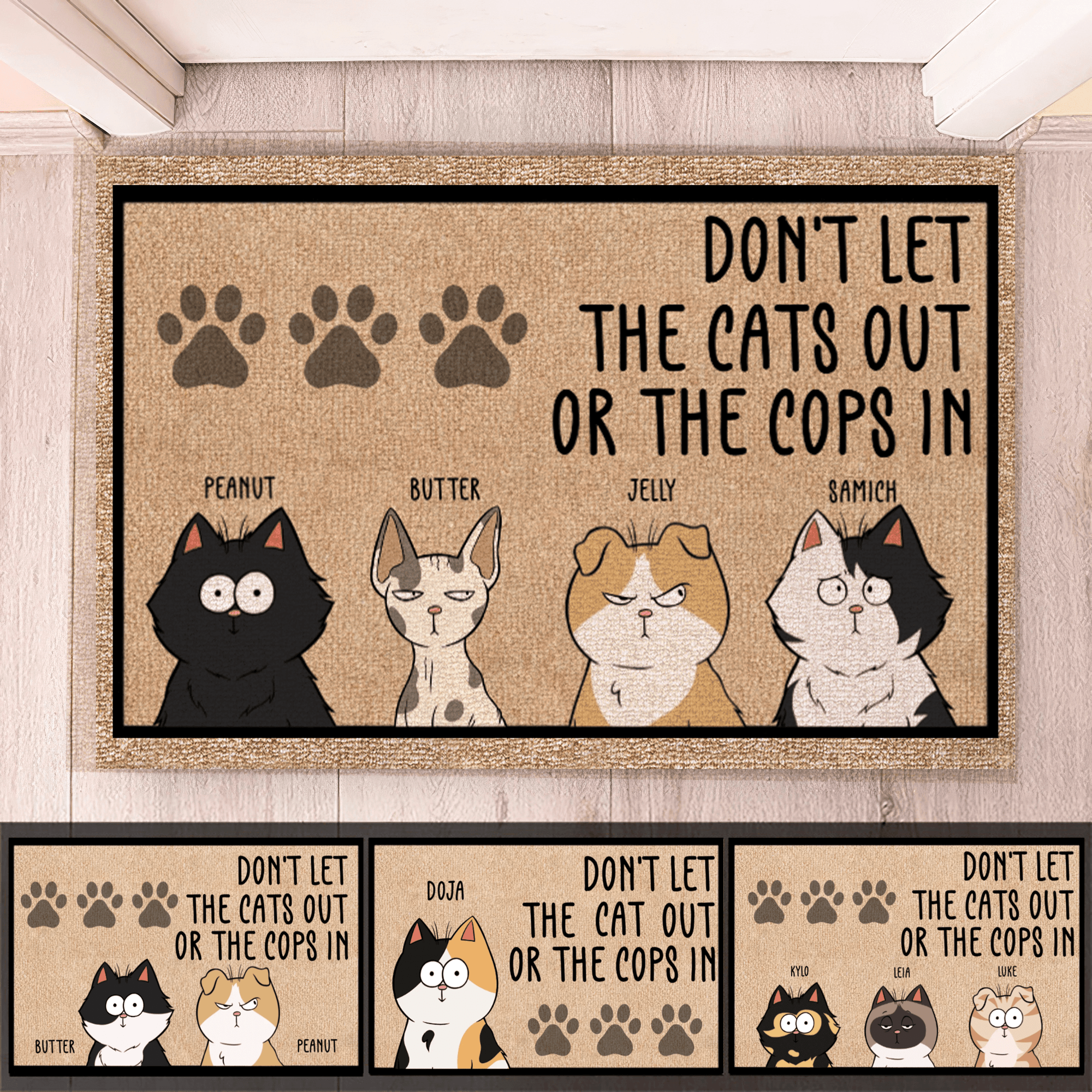 Don't Let The Cats Out Or The Cops In - Personalized Doormat - Birthday, Housewarming, Funny Gift for Homeowners, Friends, Cat Mom, Cat Dad, Cat Lovers, Pet Gifts for Him, Her - Suzitee Store