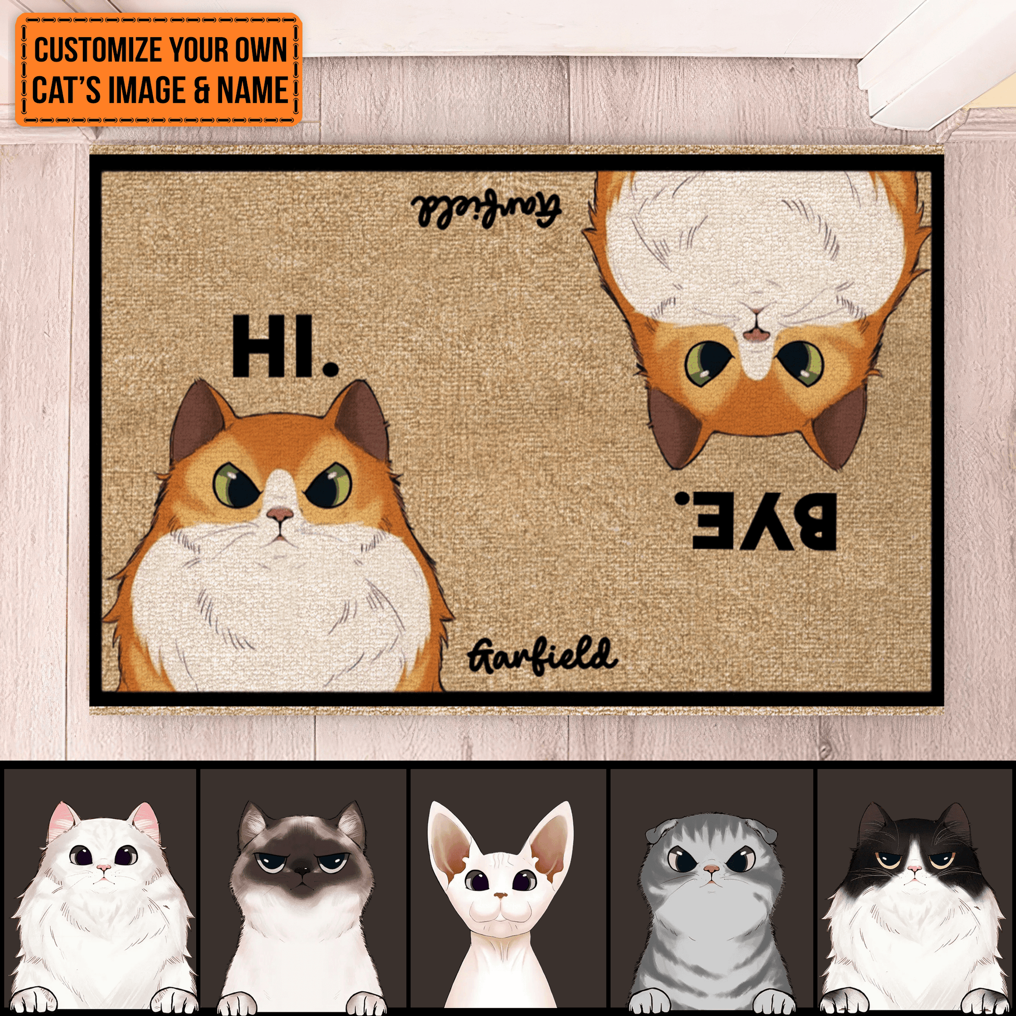 Pet Cat Hi and Bye Funny Doormat - Personalized Doormat - Birthday, Housewarming, Funny Gift for Homeowners, Friends, Dog Mom, Dog Dad, Dog Lovers, Pet Gifts for Him, Her