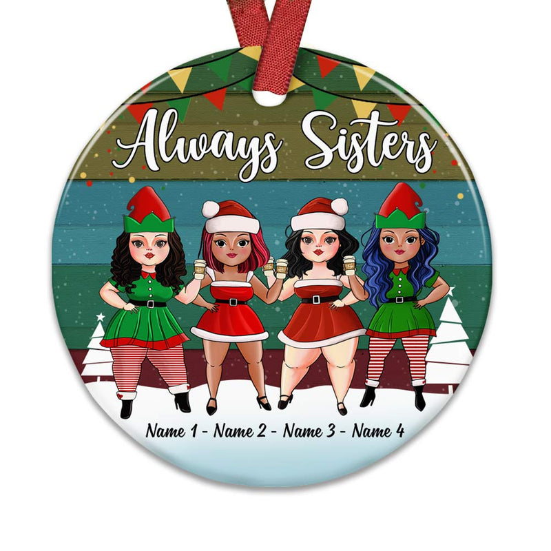 Personalized Sisters Friends Christmas circle ceramic ornament, alternate view 5