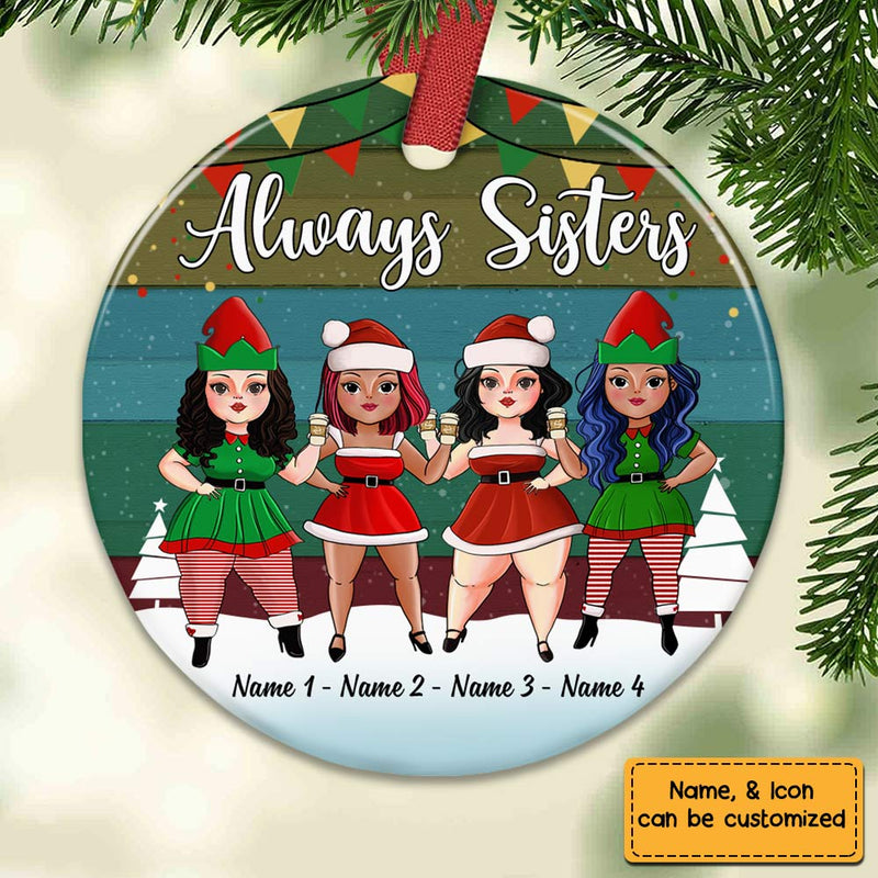 Personalized Sisters Friends Christmas circle ceramic ornament, alternate view 2