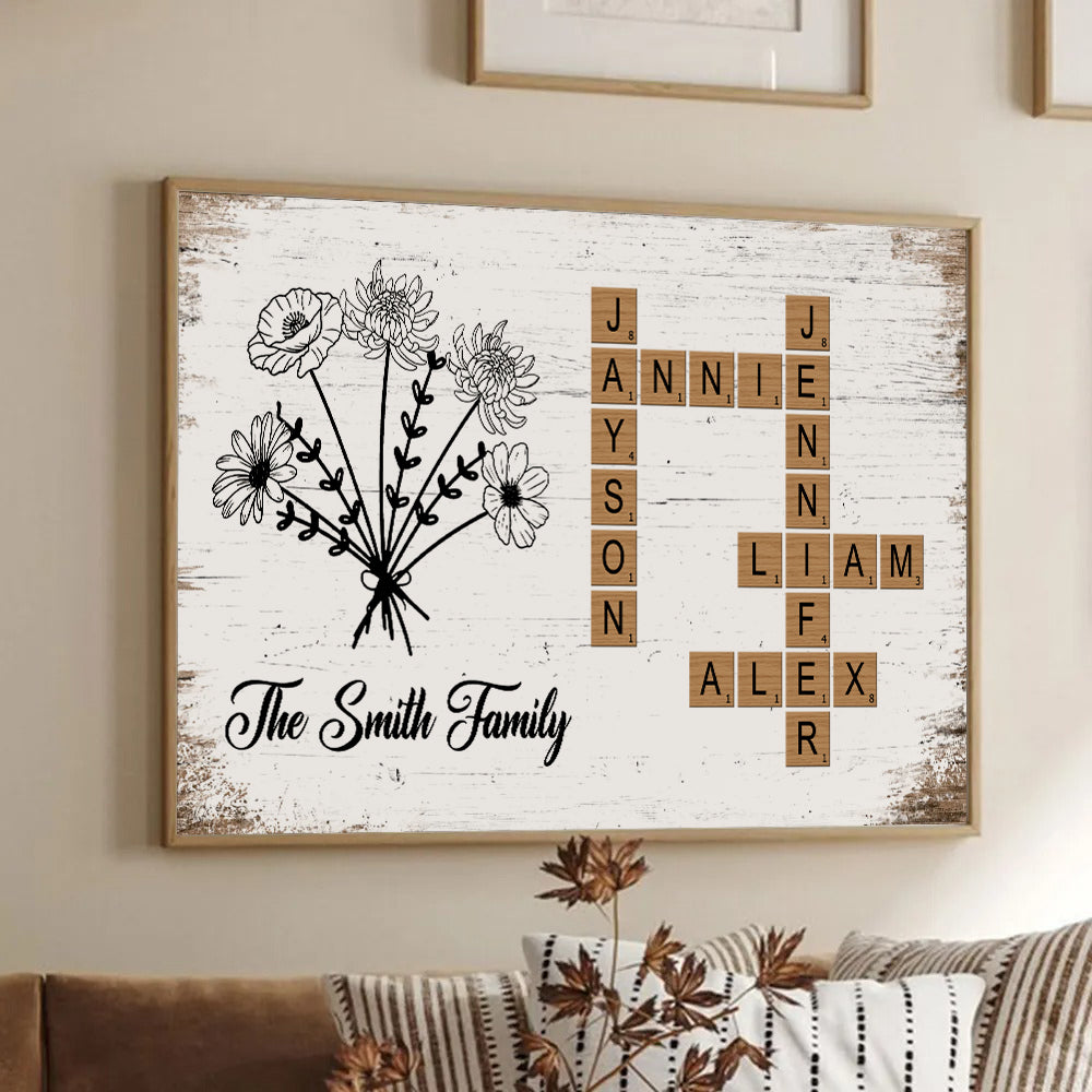 Personalized Birth Flower Family Crossword canvas print, framed in a bright living room