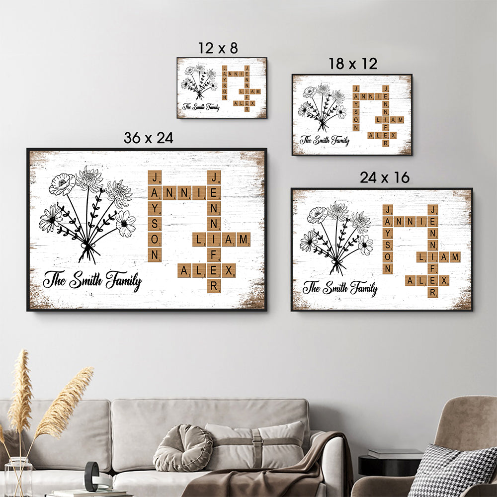 Personalized Birth Flower Family Crossword canvas print, size options shown on a sofa wall