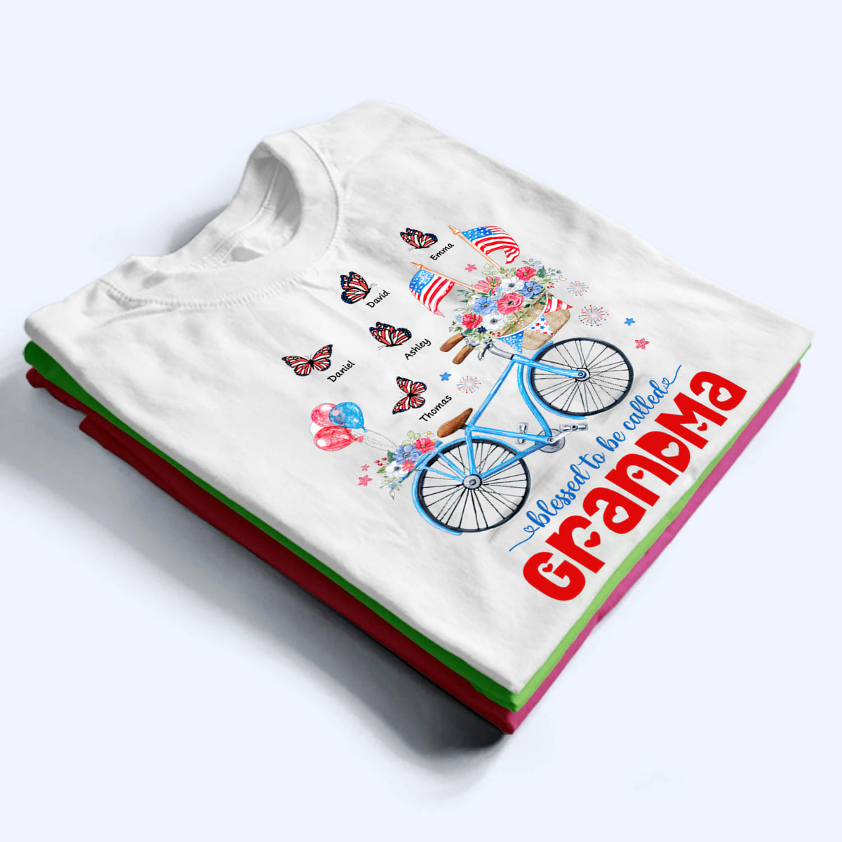 Patriotic Bicycle & Butterfly 4th of July - Personalized Custom Shirt - Gift for Mom, Grandma