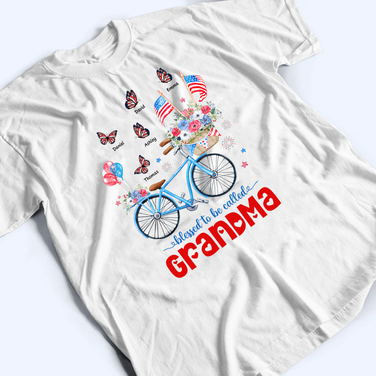 Patriotic Bicycle & Butterfly 4th of July - Personalized Custom Shirt - Gift for Mom, Grandma