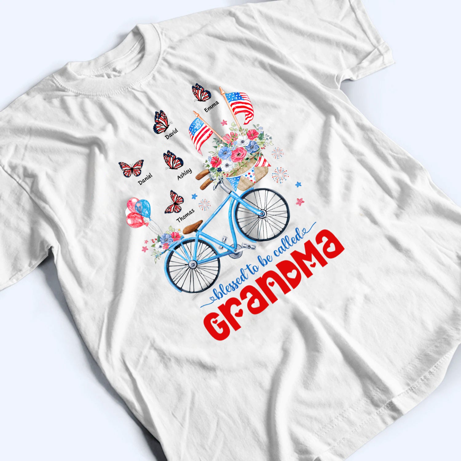 Patriotic Bicycle & Butterfly 4th of July - Personalized Custom Shirt - Gift for Mom, Grandma