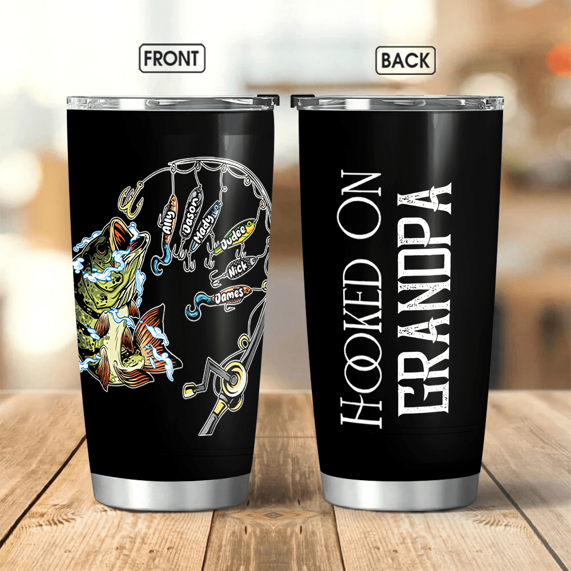 Hooked on Dad Fishing Dad Pun - Funny Fathers Day - Personalized Custom 20oz Fat Tumbler Cup - Birthday, Loving, Funny Gift for Grandfather/Dad/Father, Husband, Grandparent - Suzitee Store